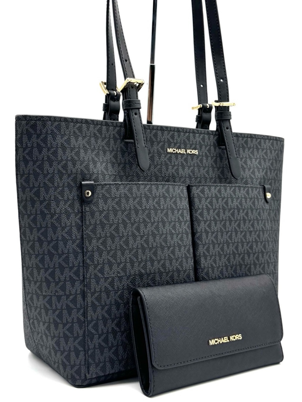 Michael Kors Jet Set Medium Pocket Tote Bag & Matching Trifold Wallet Black/Gold